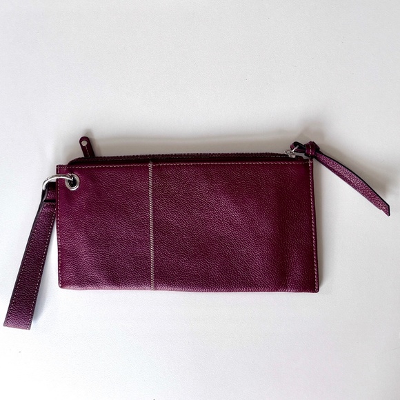 NWoT Genuine Leather Brown Wristlet Clutch Wallet, Zipper Striped Satin Interior - Picture 3 of 12